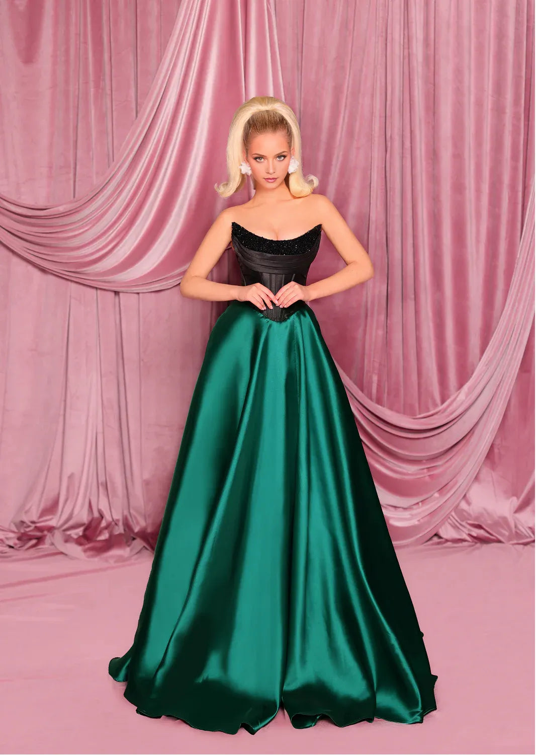 Dramatic A-Line Sweetheart Strapless Satin Two-Tone Beaded Corset High Slit Prom Dress