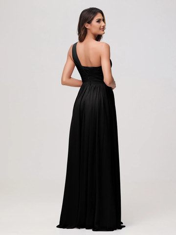 One Shoulder Draped Ruched Chiffon Bridesmaid Maxi Dress with Slit & Lace-Up Back