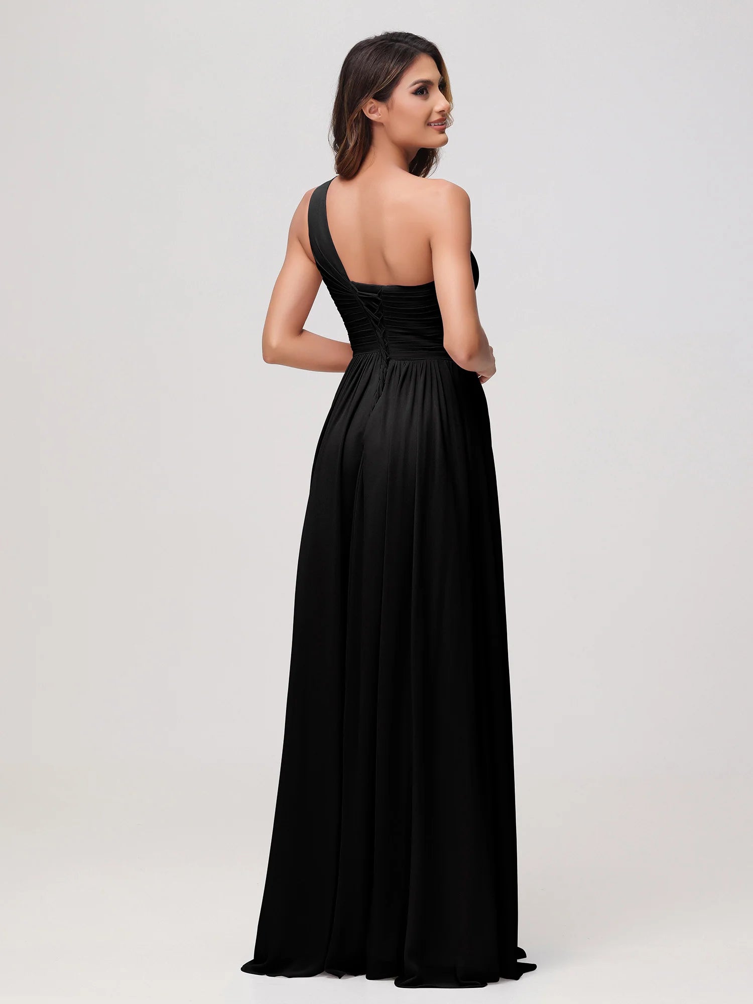 One Shoulder Draped Ruched Chiffon Bridesmaid Maxi Dress with Slit & Lace-Up Back