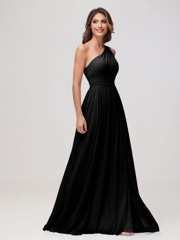Black one-shoulder chiffon bridesmaid dress with ruched bodice, defined waist, and floor-length A-line skirt by Vedress