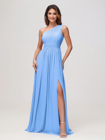 One Shoulder Draped Ruched Chiffon Bridesmaid Maxi Dress with Slit & Lace-Up Back