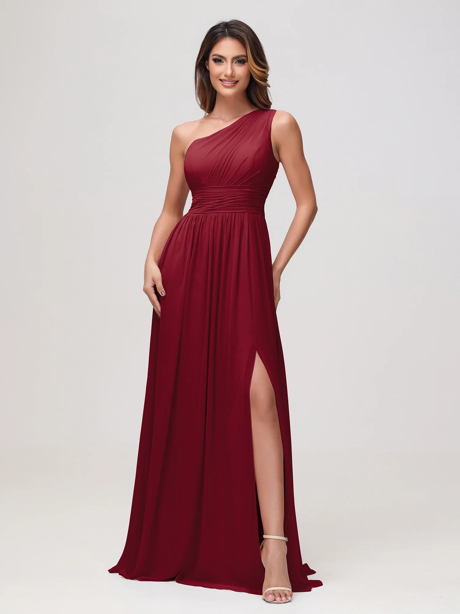 One Shoulder Draped Ruched Chiffon Bridesmaid Maxi Dress with Slit & Lace-Up Back