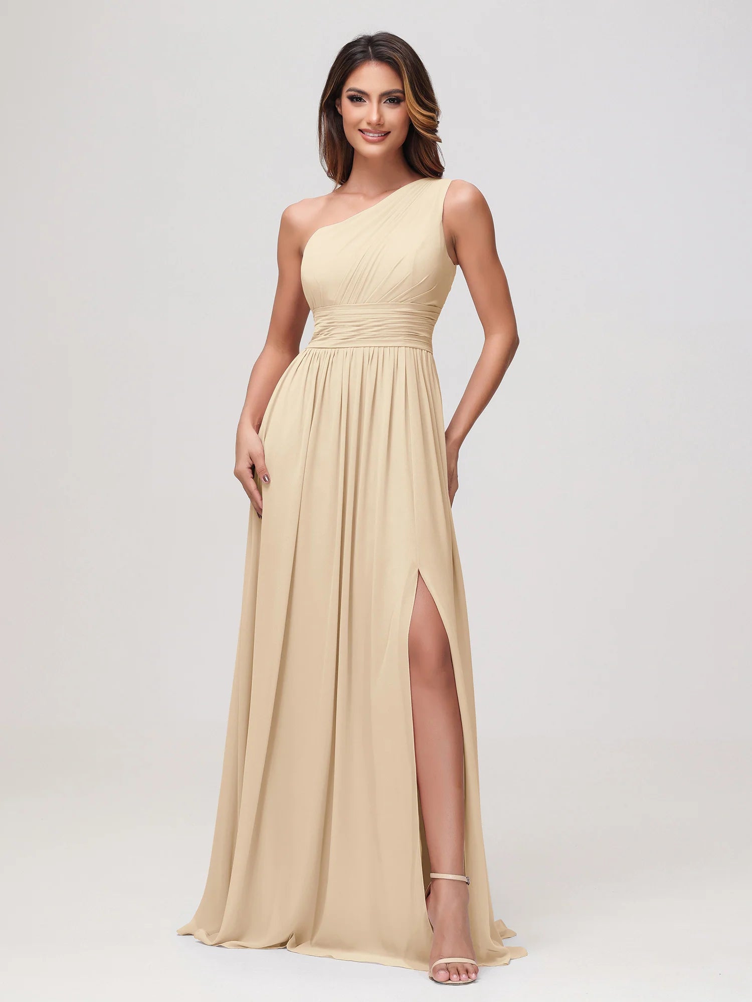 One Shoulder Draped Ruched Chiffon Bridesmaid Maxi Dress with Slit & Lace-Up Back