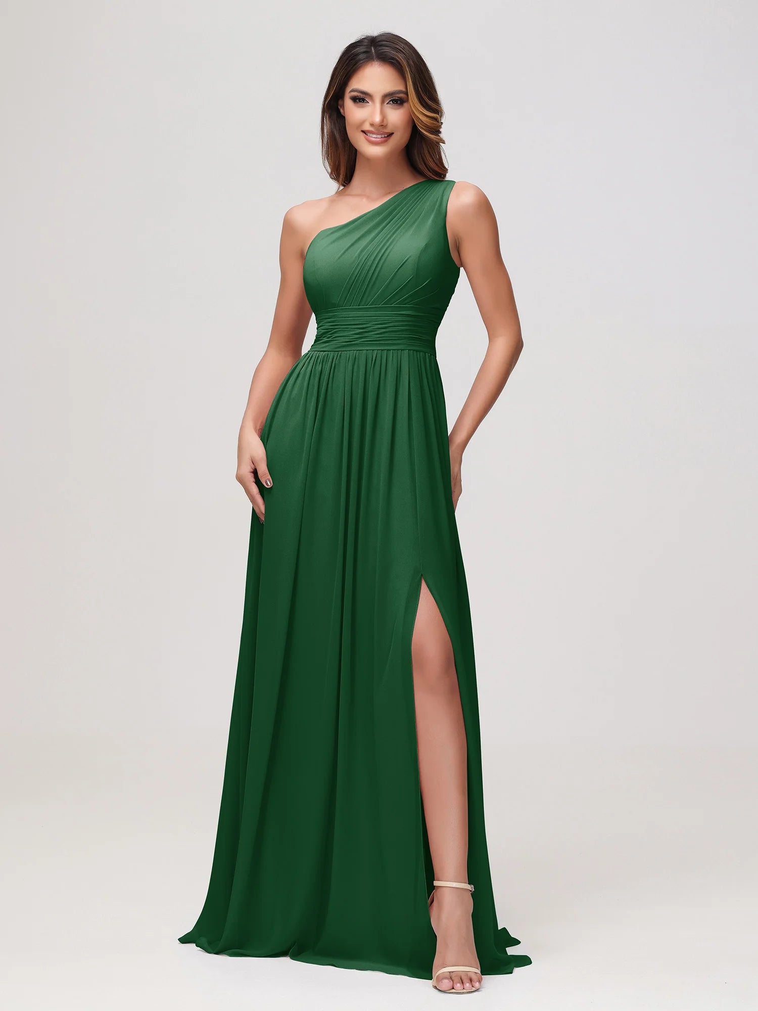One Shoulder Draped Ruched Chiffon Bridesmaid Maxi Dress with Slit & Lace-Up Back