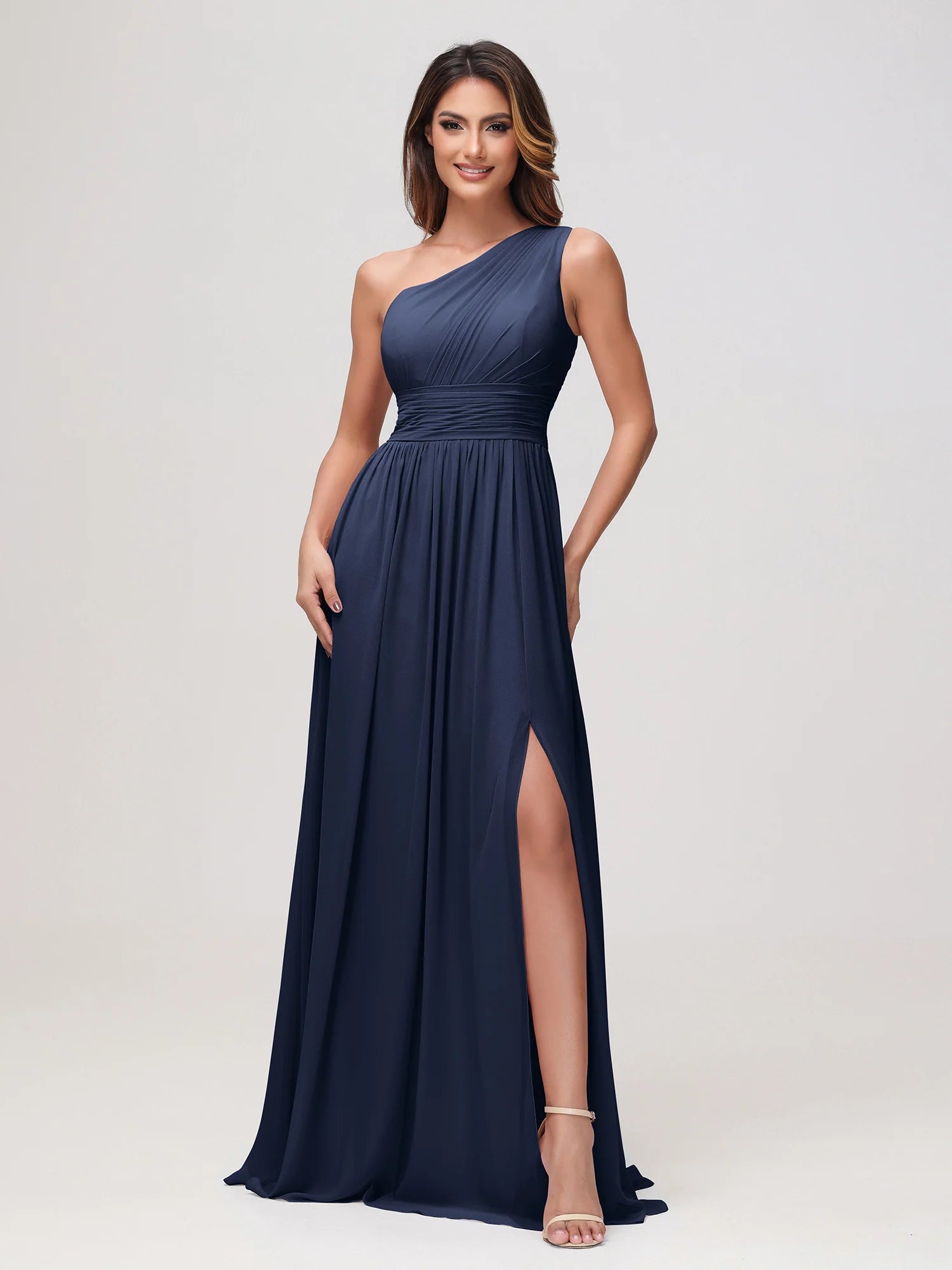 One Shoulder Draped Ruched Chiffon Bridesmaid Maxi Dress with Slit & Lace-Up Back