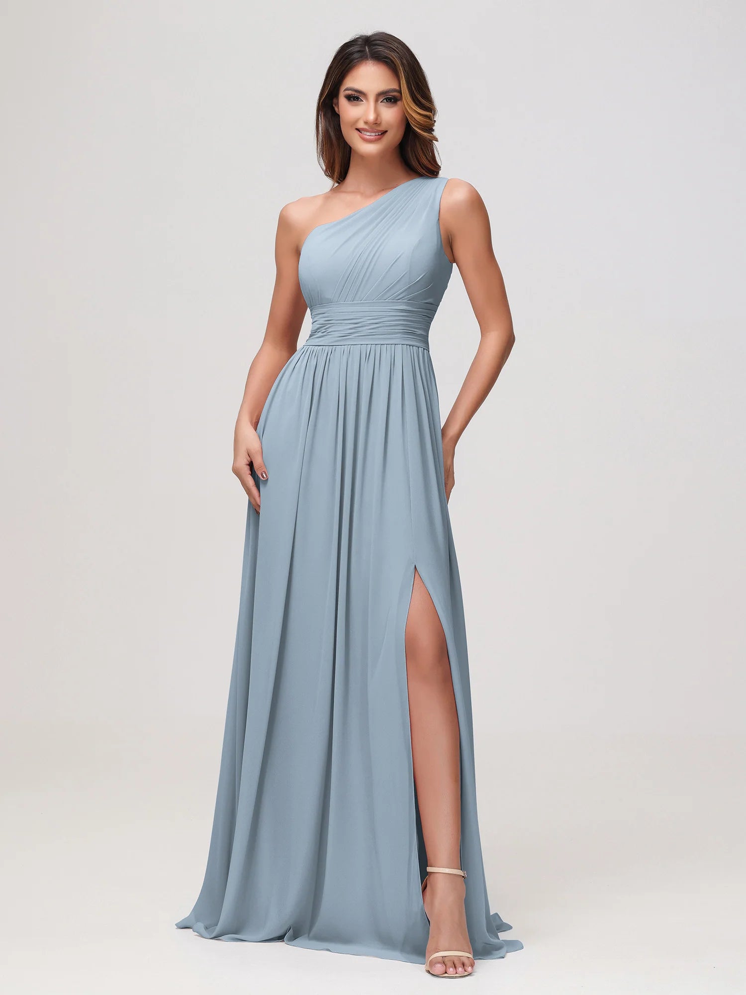 One Shoulder Draped Ruched Chiffon Bridesmaid Maxi Dress with Slit & Lace-Up Back