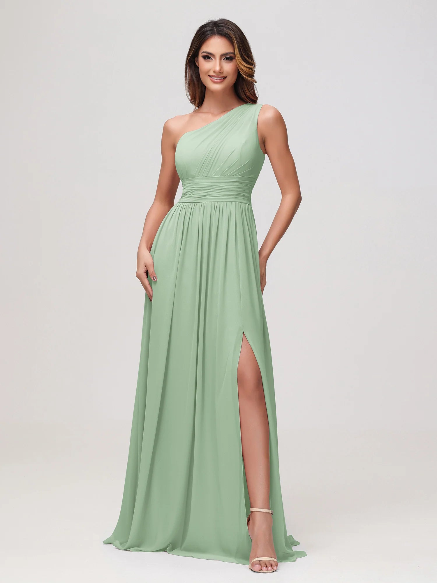 One Shoulder Draped Ruched Chiffon Bridesmaid Maxi Dress with Slit & Lace-Up Back