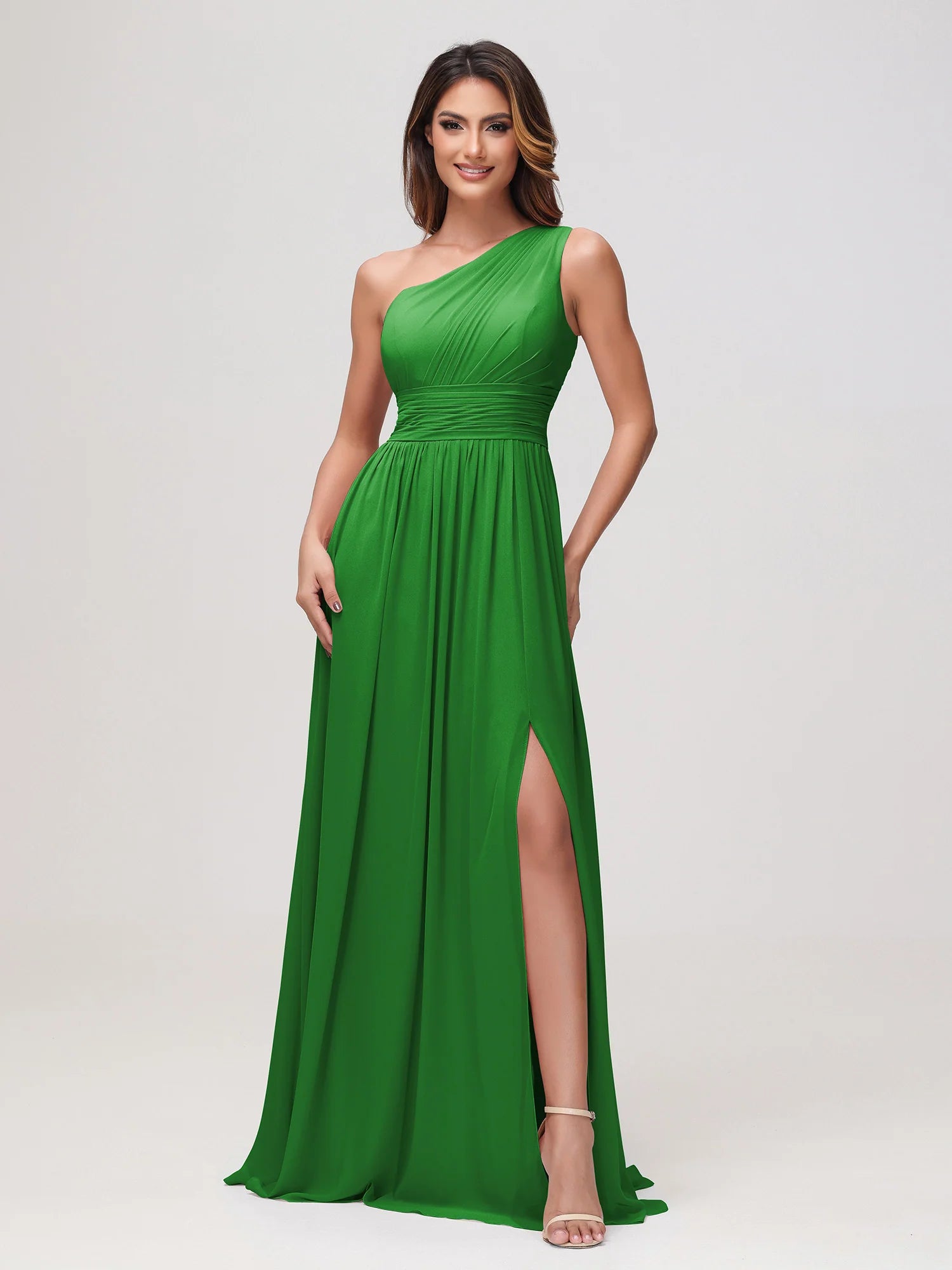 One Shoulder Draped Ruched Chiffon Bridesmaid Maxi Dress with Slit & Lace-Up Back