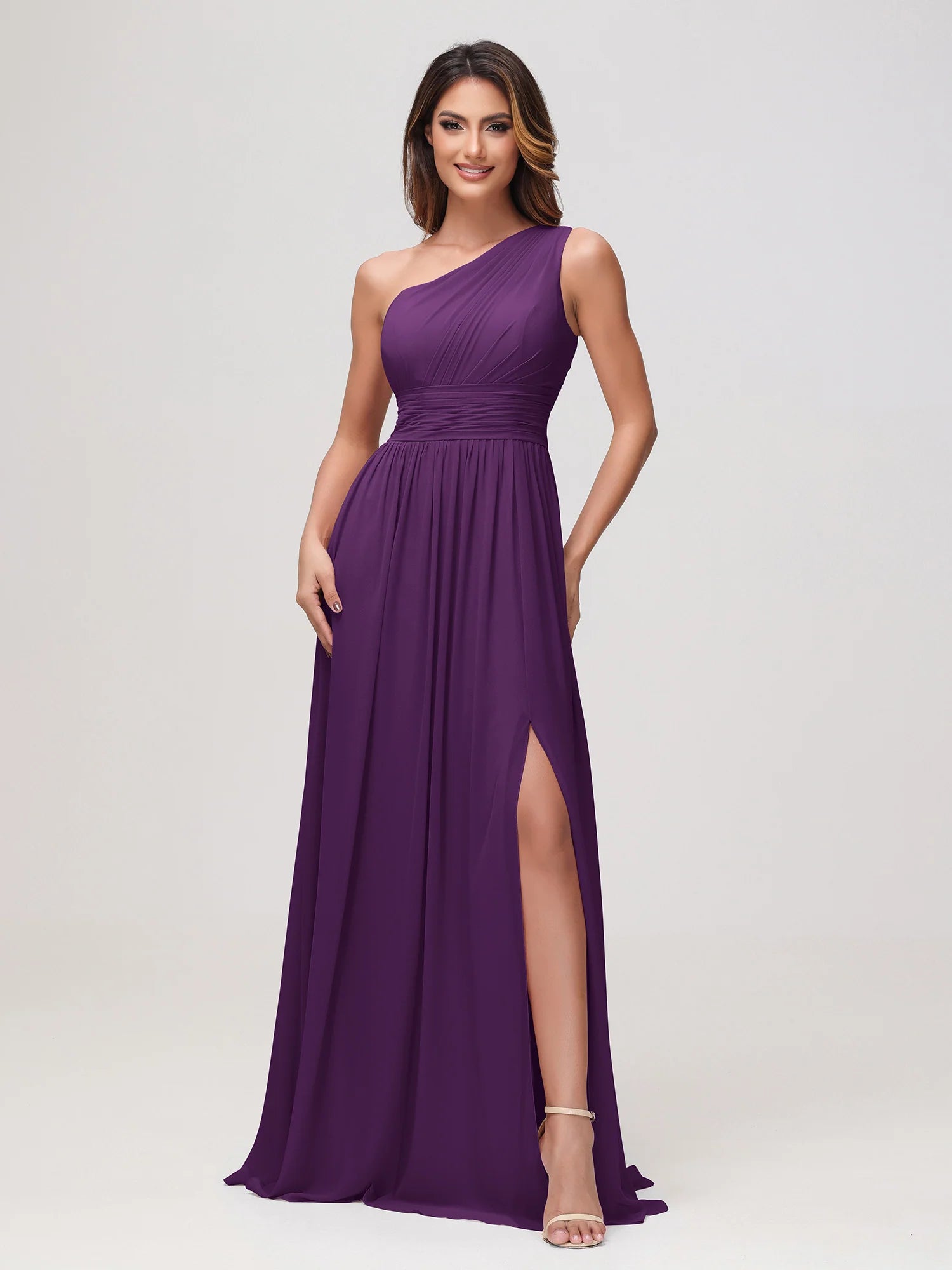 One Shoulder Draped Ruched Chiffon Bridesmaid Maxi Dress with Slit & Lace-Up Back