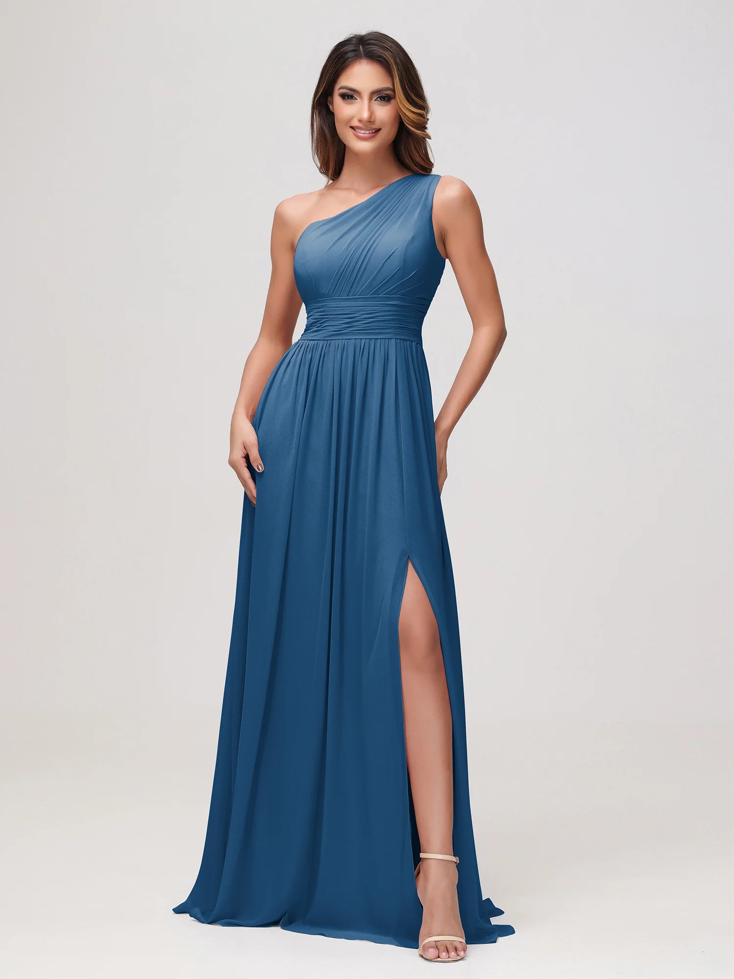 One Shoulder Draped Ruched Chiffon Bridesmaid Maxi Dress with Slit & Lace-Up Back