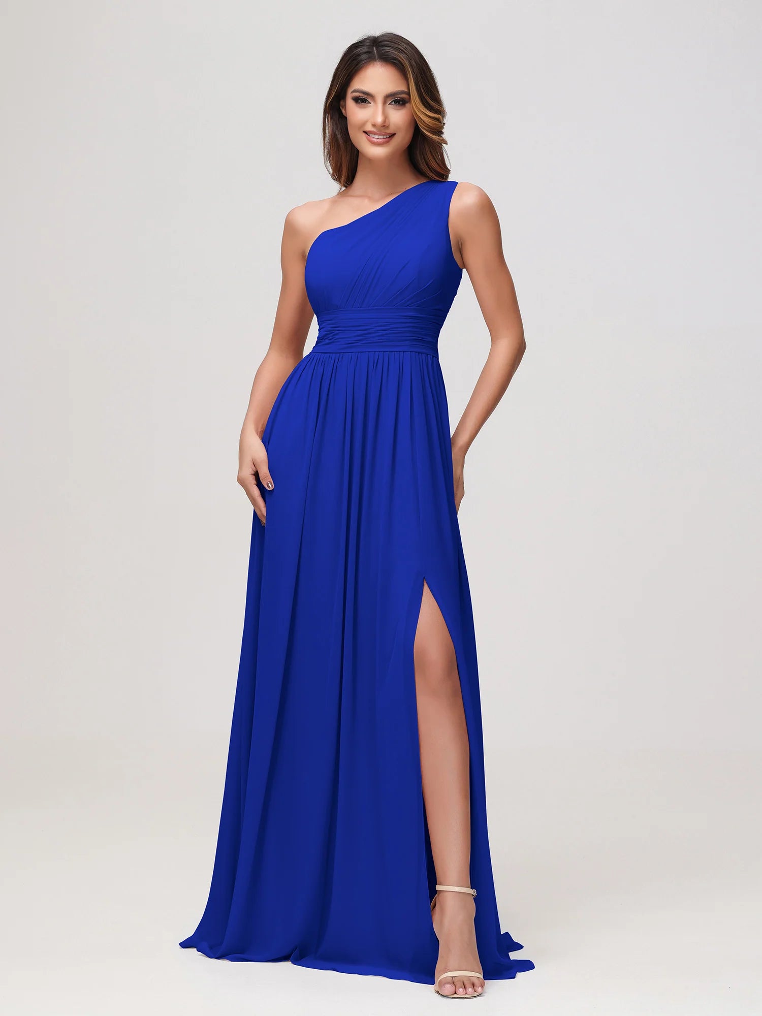 One Shoulder Draped Ruched Chiffon Bridesmaid Maxi Dress with Slit & Lace-Up Back