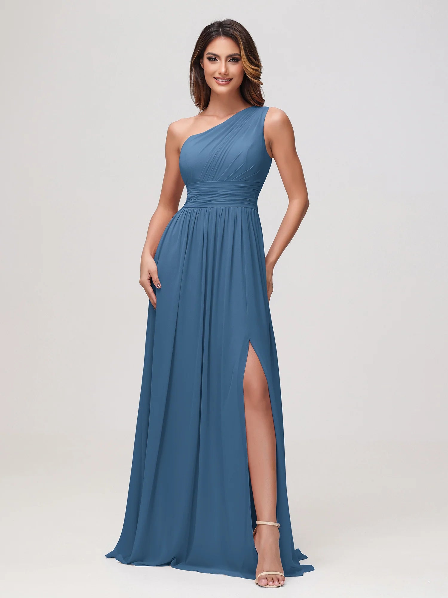 One Shoulder Draped Ruched Chiffon Bridesmaid Maxi Dress with Slit & Lace-Up Back
