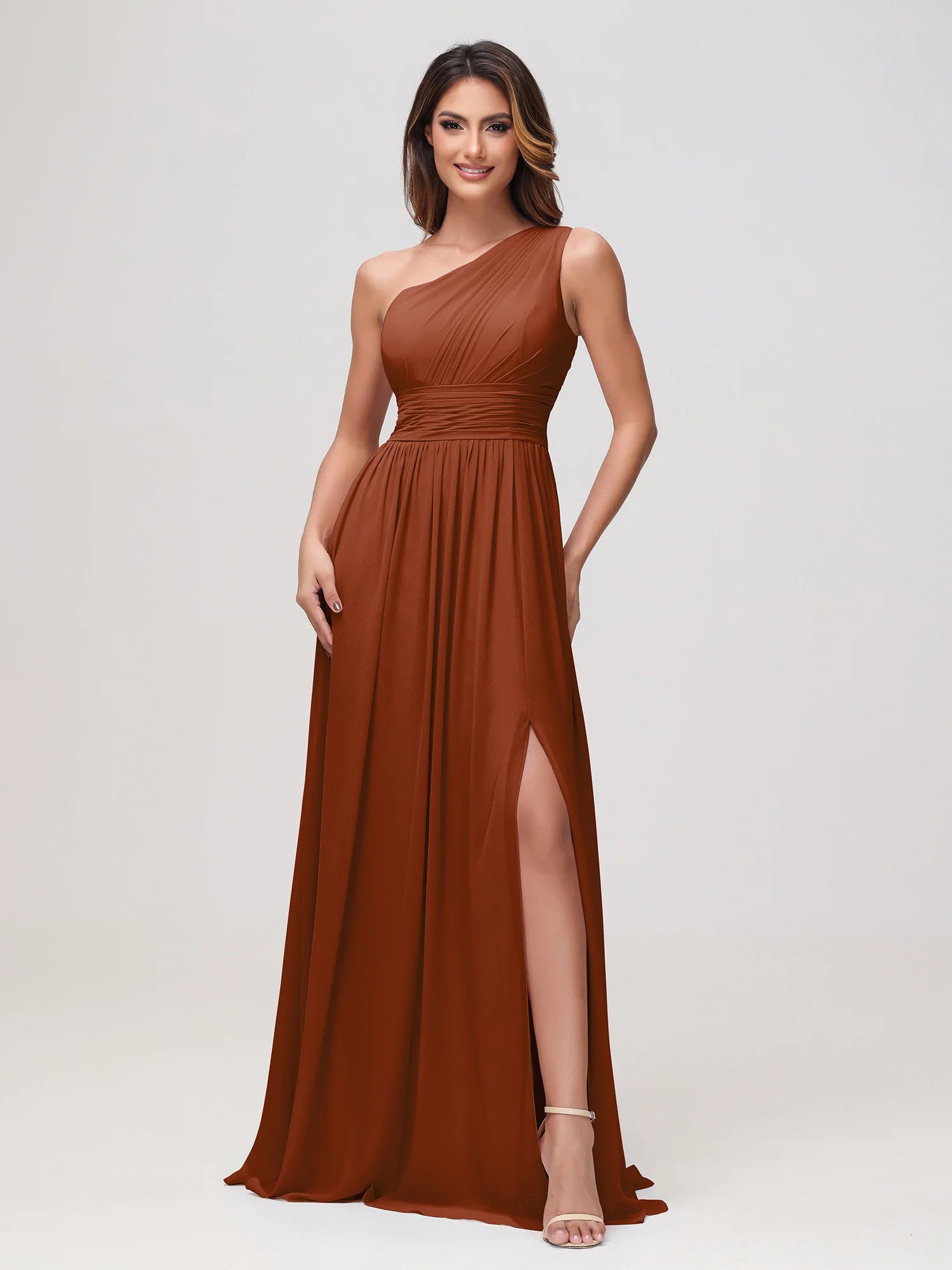 One Shoulder Draped Ruched Chiffon Bridesmaid Maxi Dress with Slit & Lace-Up Back