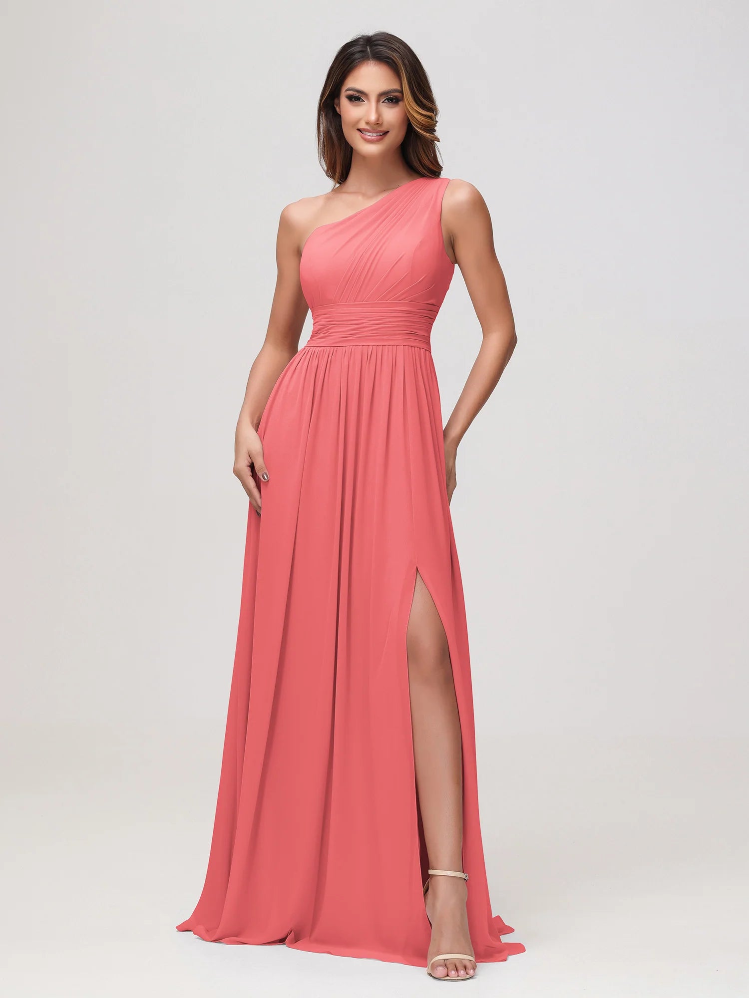One Shoulder Draped Ruched Chiffon Bridesmaid Maxi Dress with Slit & Lace-Up Back