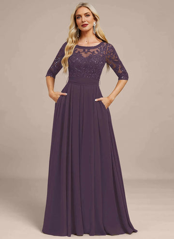 Vedress Plum Bateau Neck 3/4‑Sleeve Lace Chiffon Mother Dress Front View