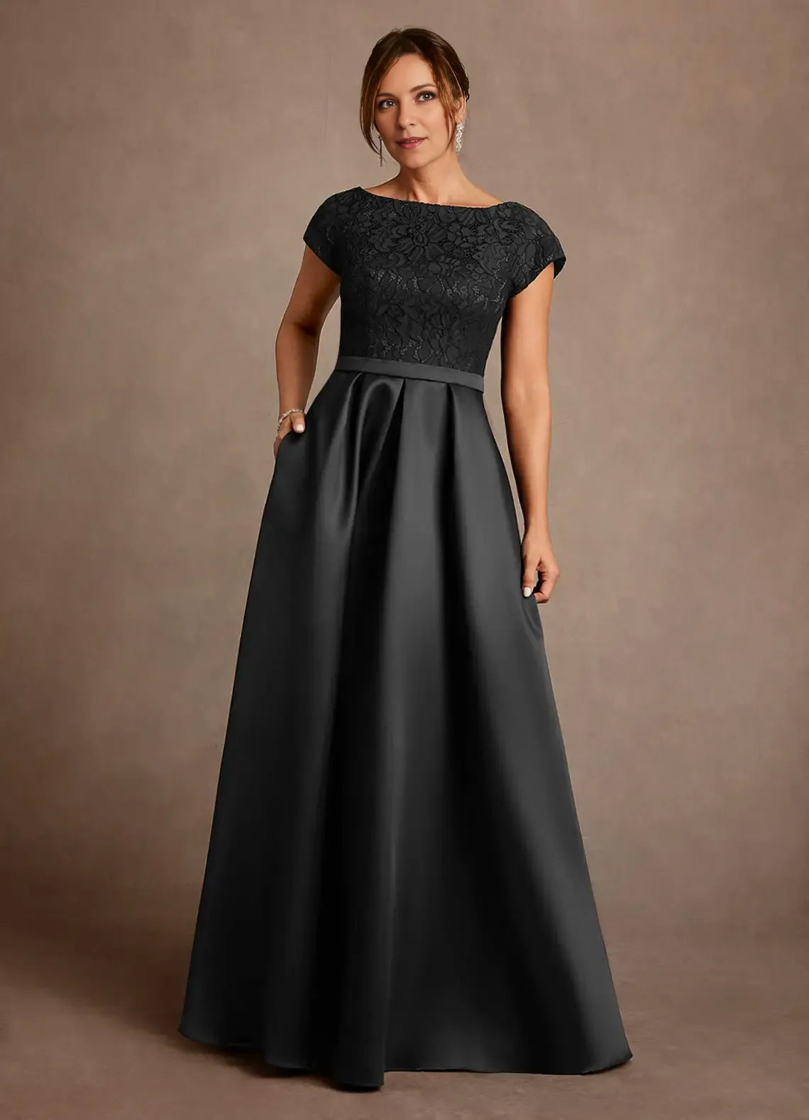 Elegant A Line Boat Neck Lace&Satin Floor Length Pocket Maxi Dress