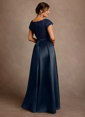 Elegant A Line Boat Neck Lace&Satin Floor Length Pocket Maxi Dress