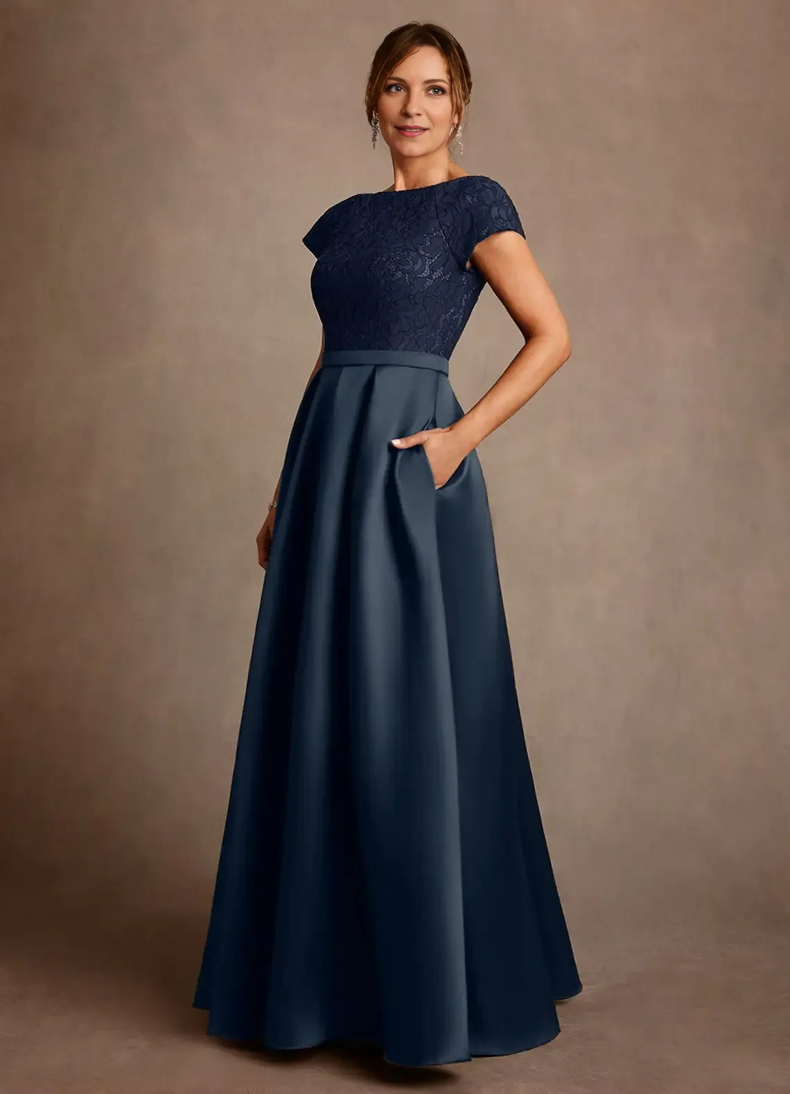Elegant A Line Boat Neck Lace&Satin Floor Length Pocket Maxi Dress