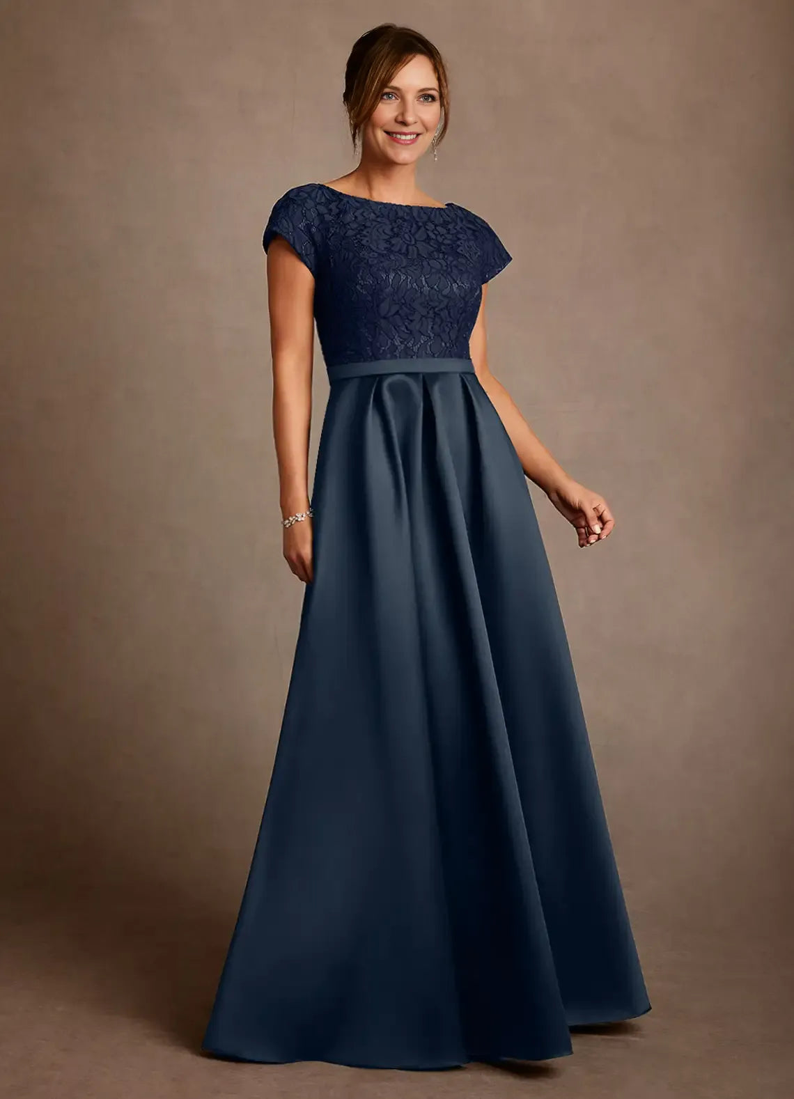 Elegant A Line Boat Neck Lace&Satin Floor Length Pocket Maxi Dress