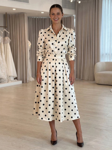 vedress cream black polka dot plus size mother dress collared long sleeve belted a line midi gown