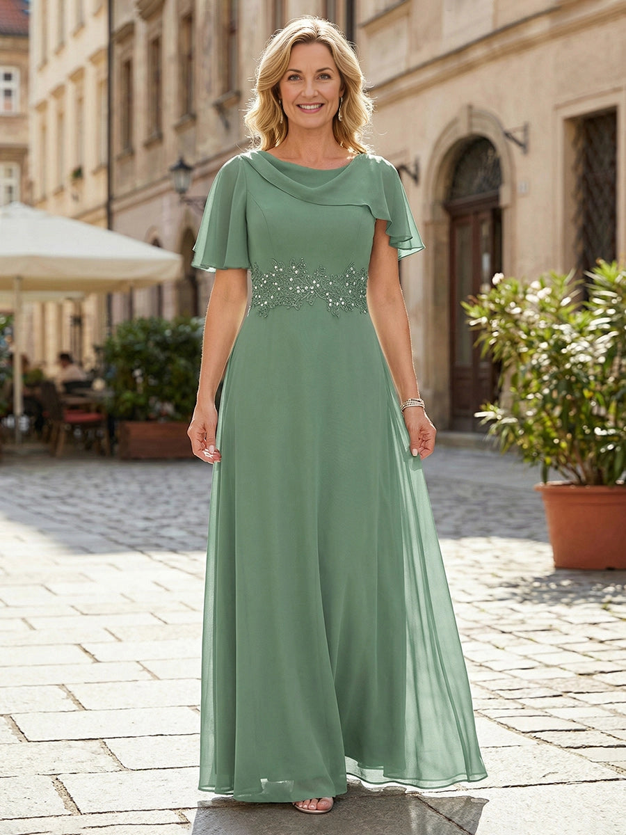Vedress sage green chiffon mother of the bride dress cowl neck flutter sleeve beaded lace waist sash