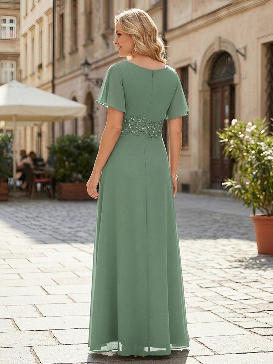 Back view Vedress green long formal mother‑of‑bride gown plain closed‑back invisible centre zipper