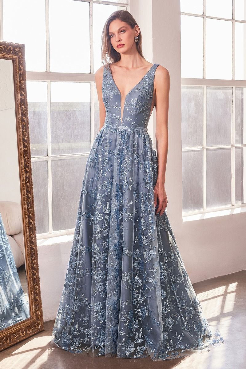 Elegant A-Line Deep V Neck Sleeveless Tulle Long Glitter Floral Evening Dress