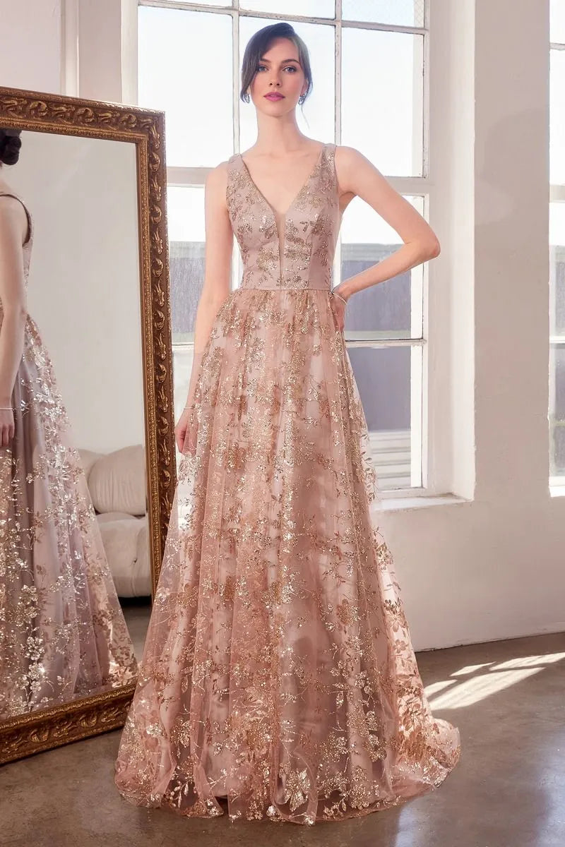 Elegant A-Line Deep V Neck Sleeveless Tulle Long Glitter Floral Evening Dress