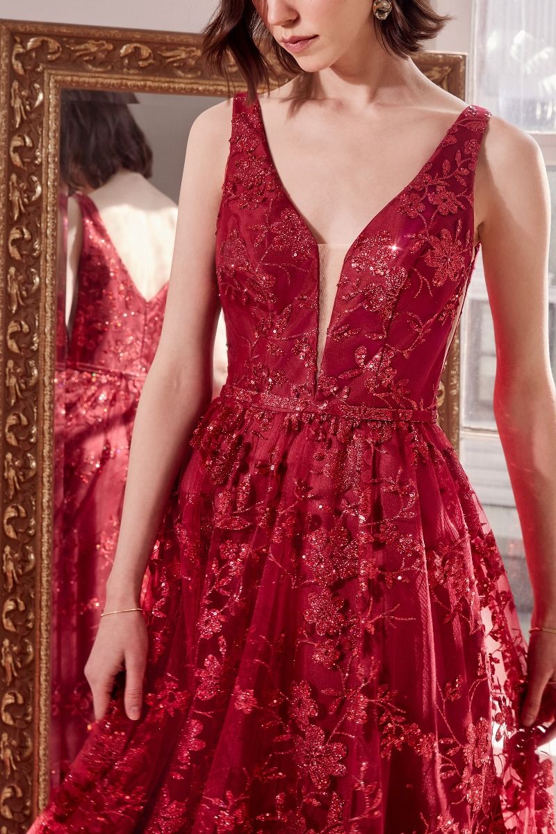 Elegant A-Line Deep V Neck Sleeveless Tulle Long Glitter Floral Evening Dress