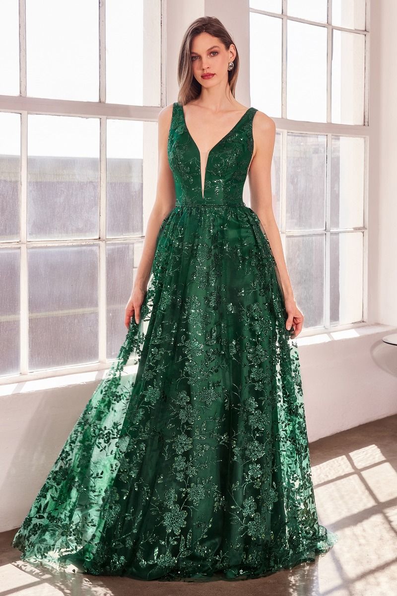 Elegant A-Line Deep V Neck Sleeveless Tulle Long Glitter Floral Evening Dress