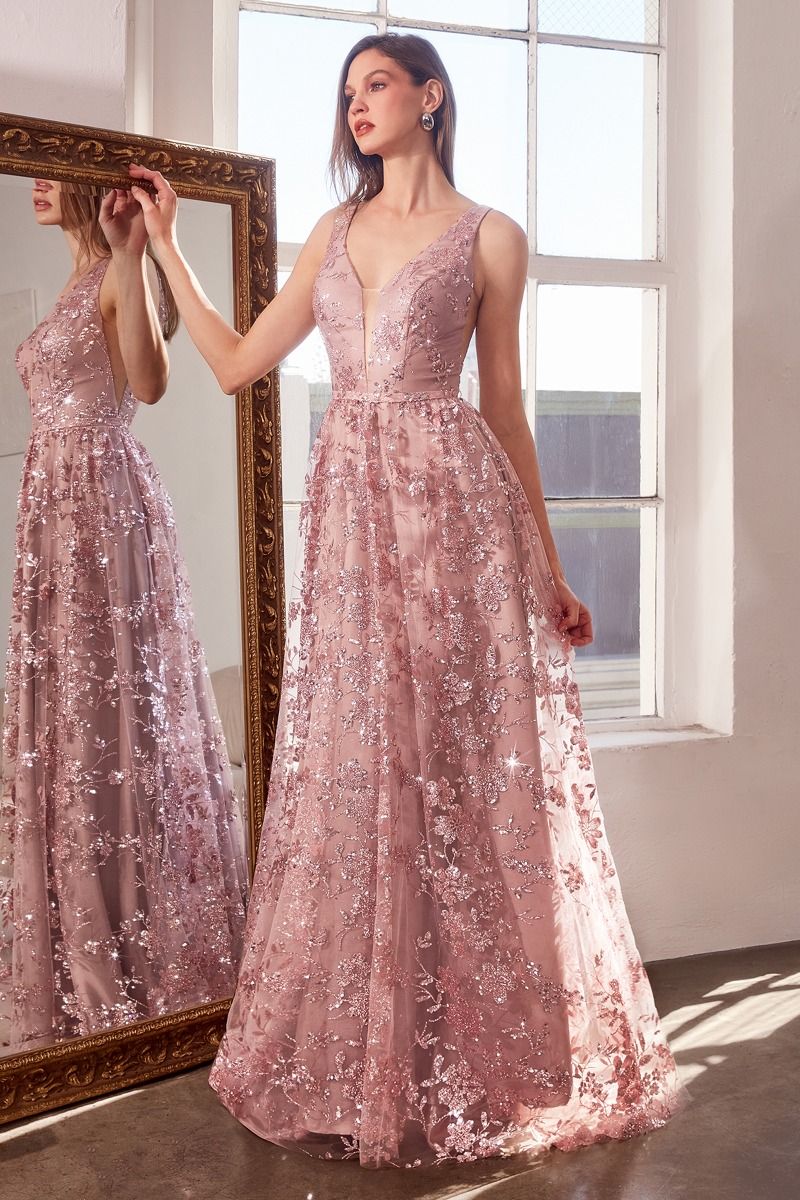 Elegant A-Line Deep V Neck Sleeveless Tulle Long Glitter Floral Evening Dress