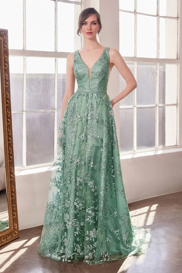 Elegant A-Line Deep V Neck Sleeveless Tulle Long Glitter Floral Evening Dress