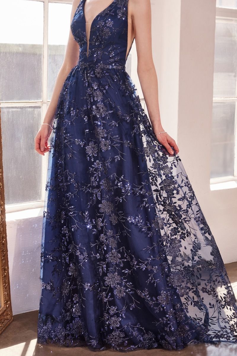 Elegant A-Line Deep V Neck Sleeveless Tulle Long Glitter Floral Evening Dress