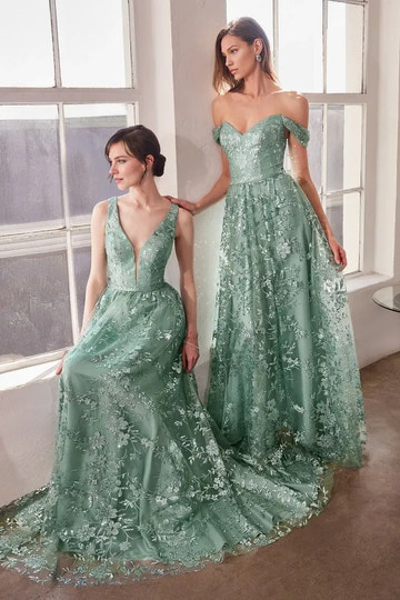 Elegant A-Line Deep V Neck Sleeveless Tulle Long Glitter Floral Evening Dress