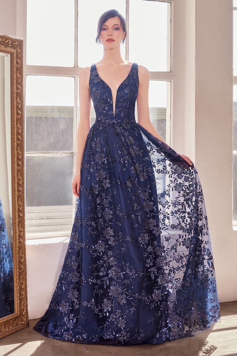 Elegant A-Line Deep V Neck Sleeveless Tulle Long Glitter Floral Evening Dress