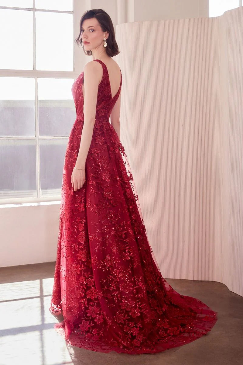 Elegant A-Line Deep V Neck Sleeveless Tulle Long Glitter Floral Evening Dress