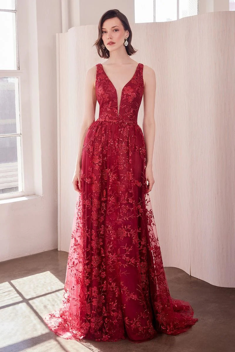 Elegant A-Line Deep V Neck Sleeveless Tulle Long Glitter Floral Evening Dress
