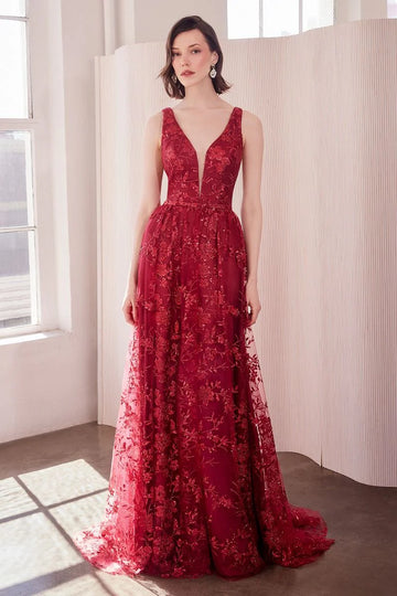 Elegant A-Line Deep V Neck Sleeveless Tulle Long Glitter Floral Evening Dress