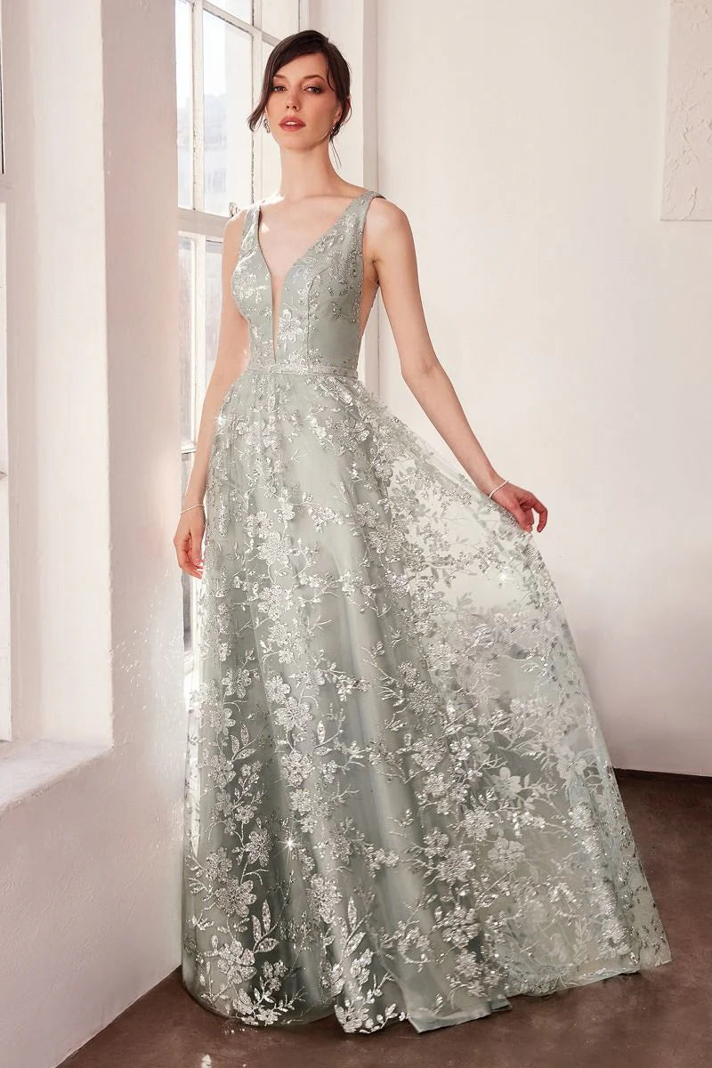 Elegant A-Line Deep V Neck Sleeveless Tulle Long Glitter Floral Evening Dress