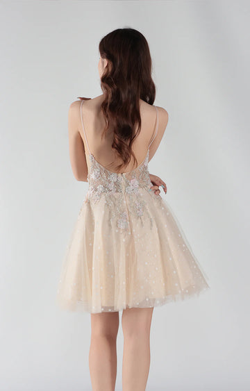 Elegant A Line Deep V Neck Tulle Short Floral Applique Homecoming Dress