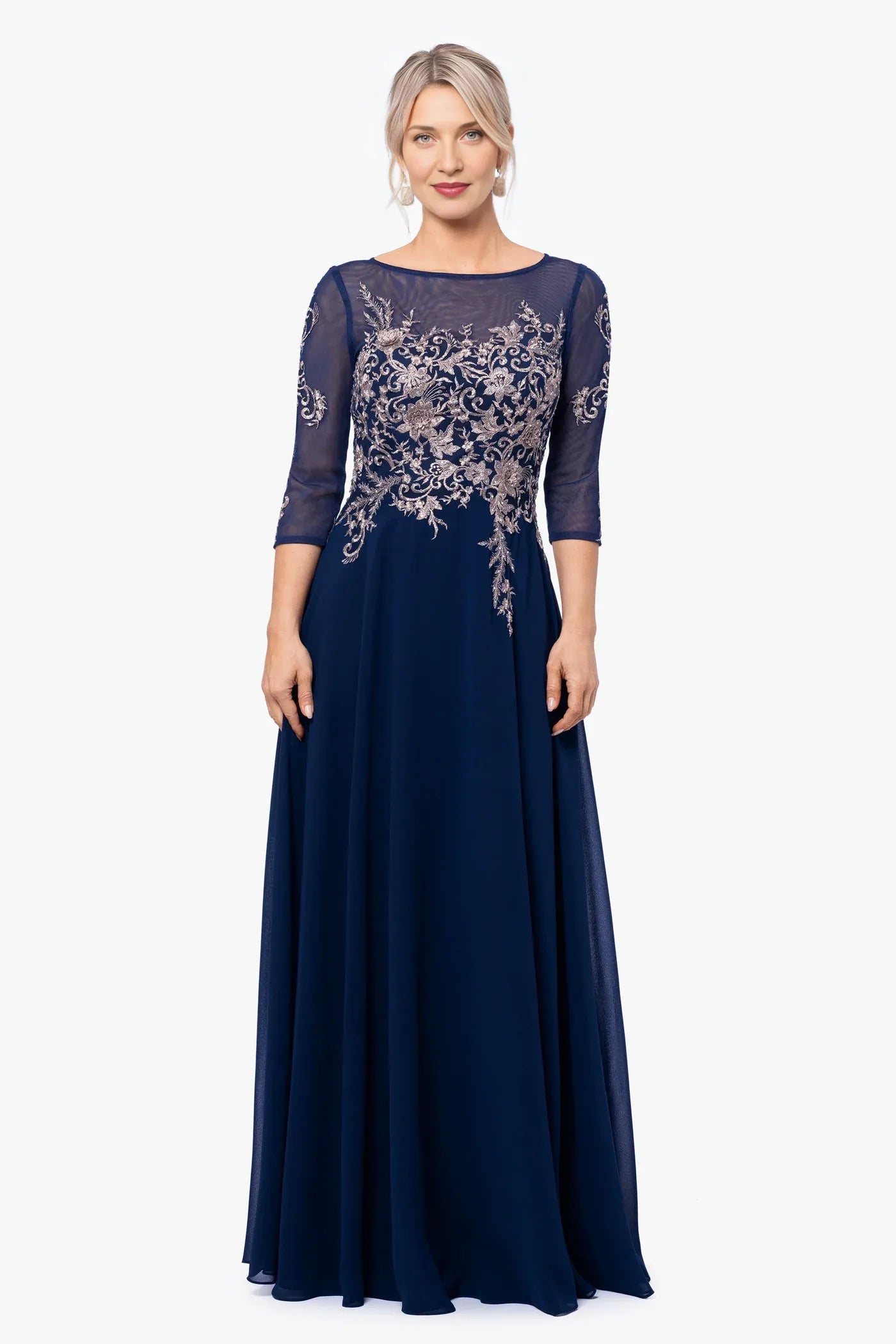 Elegant A-Line Formal Gown Illusion Neck Chiffon Embellishments Mother of the Bride Dress