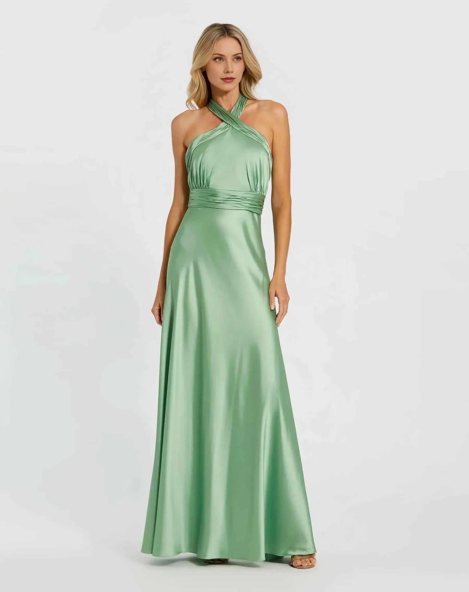 Elegant A-Line Halter Sleeveless Satin Wedding Guest Dress Long Bridesmaids Dress With Bow