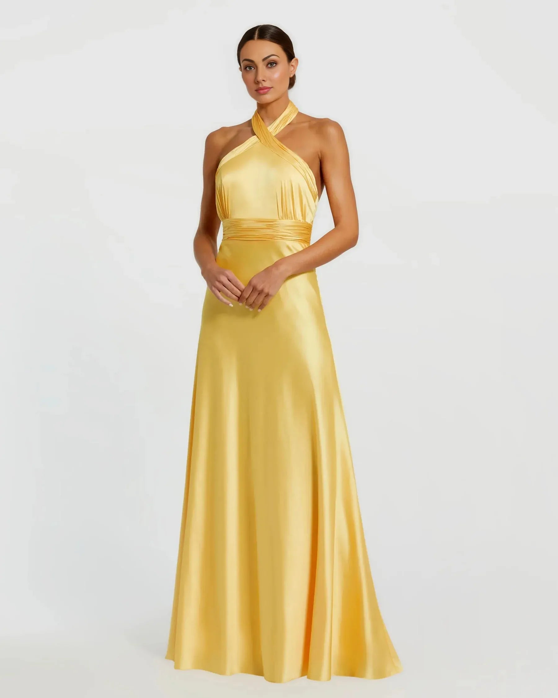 Elegant A-Line Halter Sleeveless Satin Wedding Guest Dress Long Bridesmaids Dress With Bow