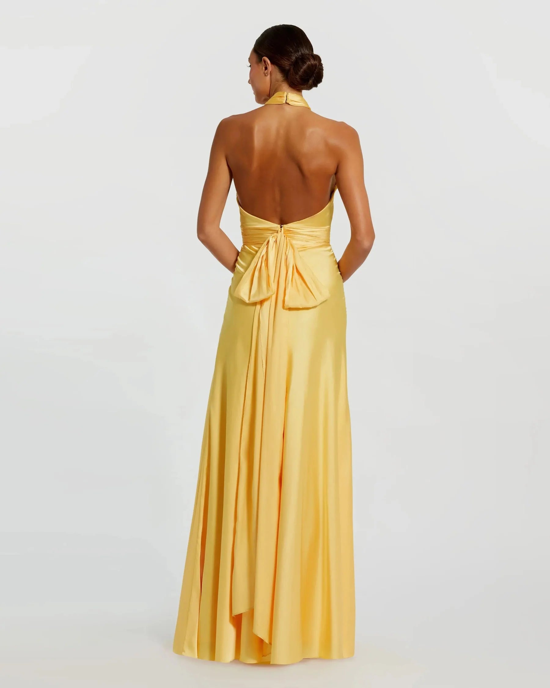 Elegant A-Line Halter Sleeveless Satin Wedding Guest Dress Long Bridesmaids Dress With Bow