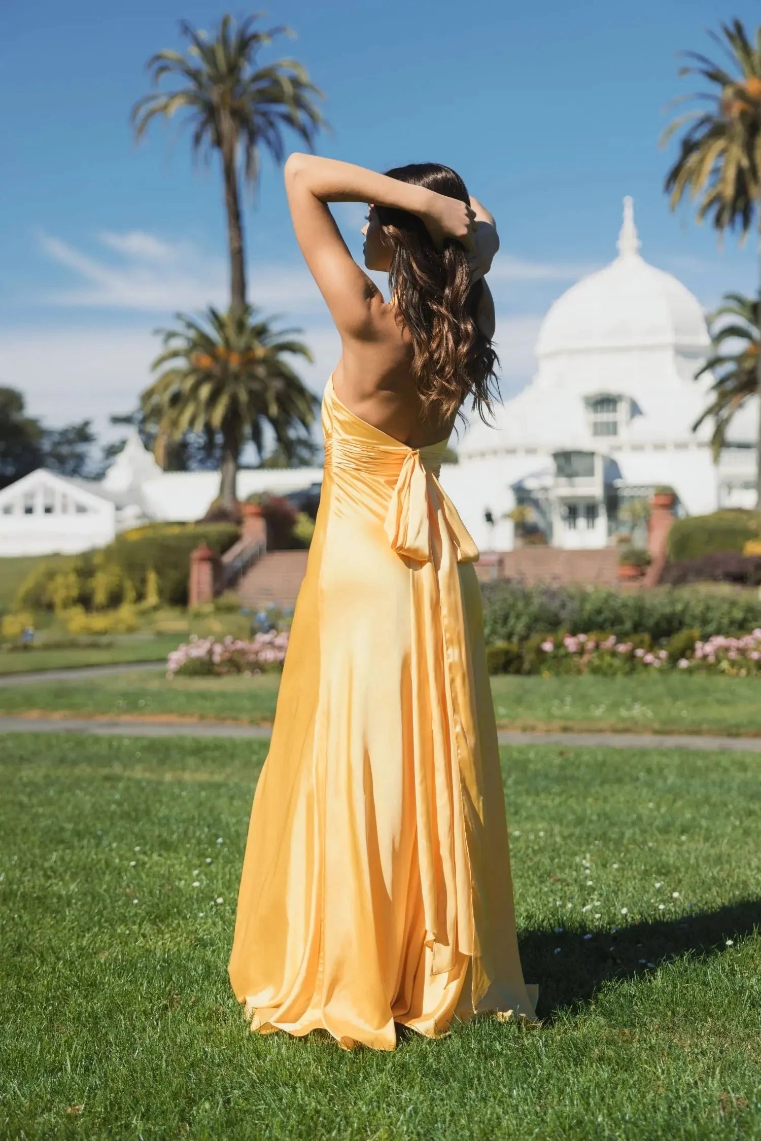 Elegant A-Line Halter Sleeveless Satin Wedding Guest Dress Long Bridesmaids Dress With Bow