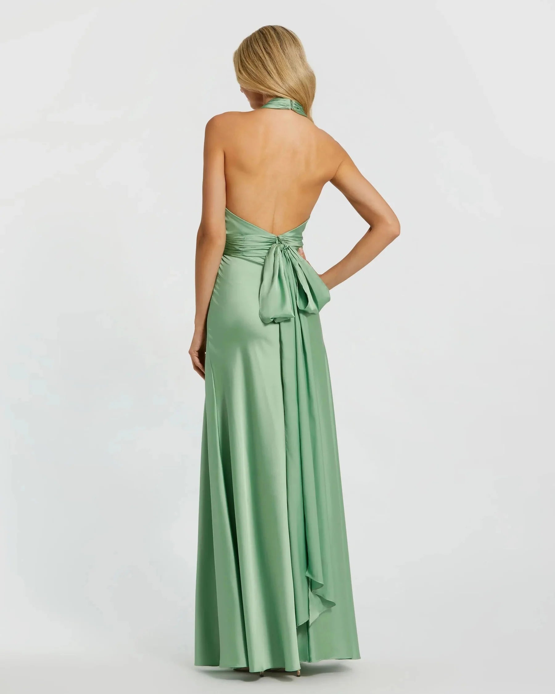 Elegant A-Line Halter Sleeveless Satin Wedding Guest Dress Long Bridesmaids Dress With Bow