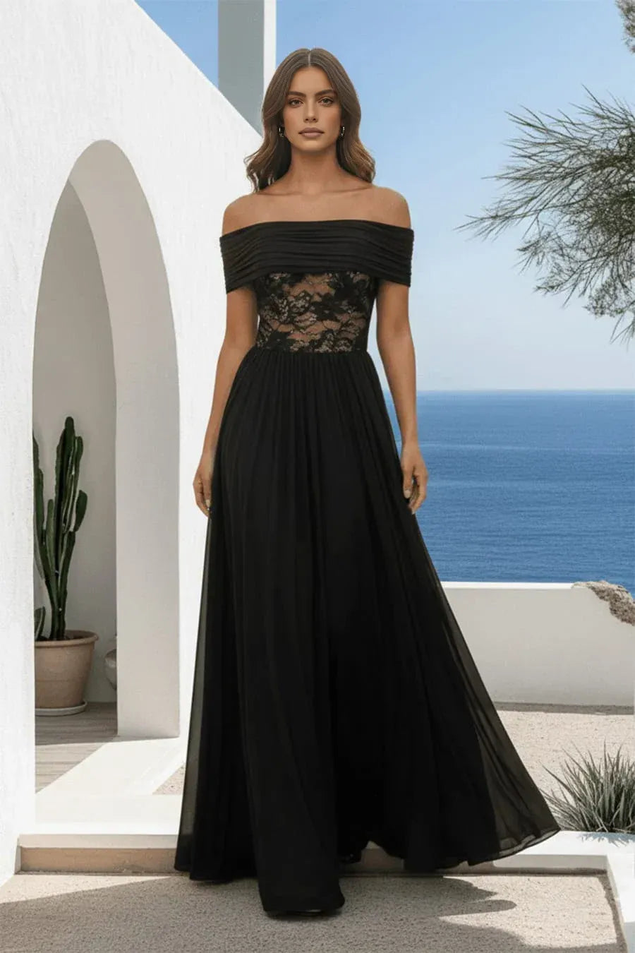 Elegant A Line Off Shoulder Chiffon Maxi Lace Evening Dress