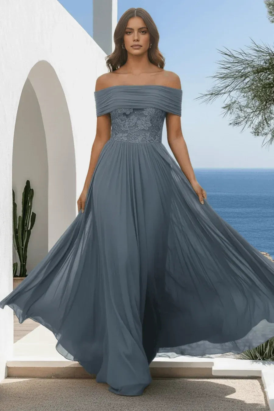 Elegant A Line Off Shoulder Chiffon Maxi Lace Evening Dress
