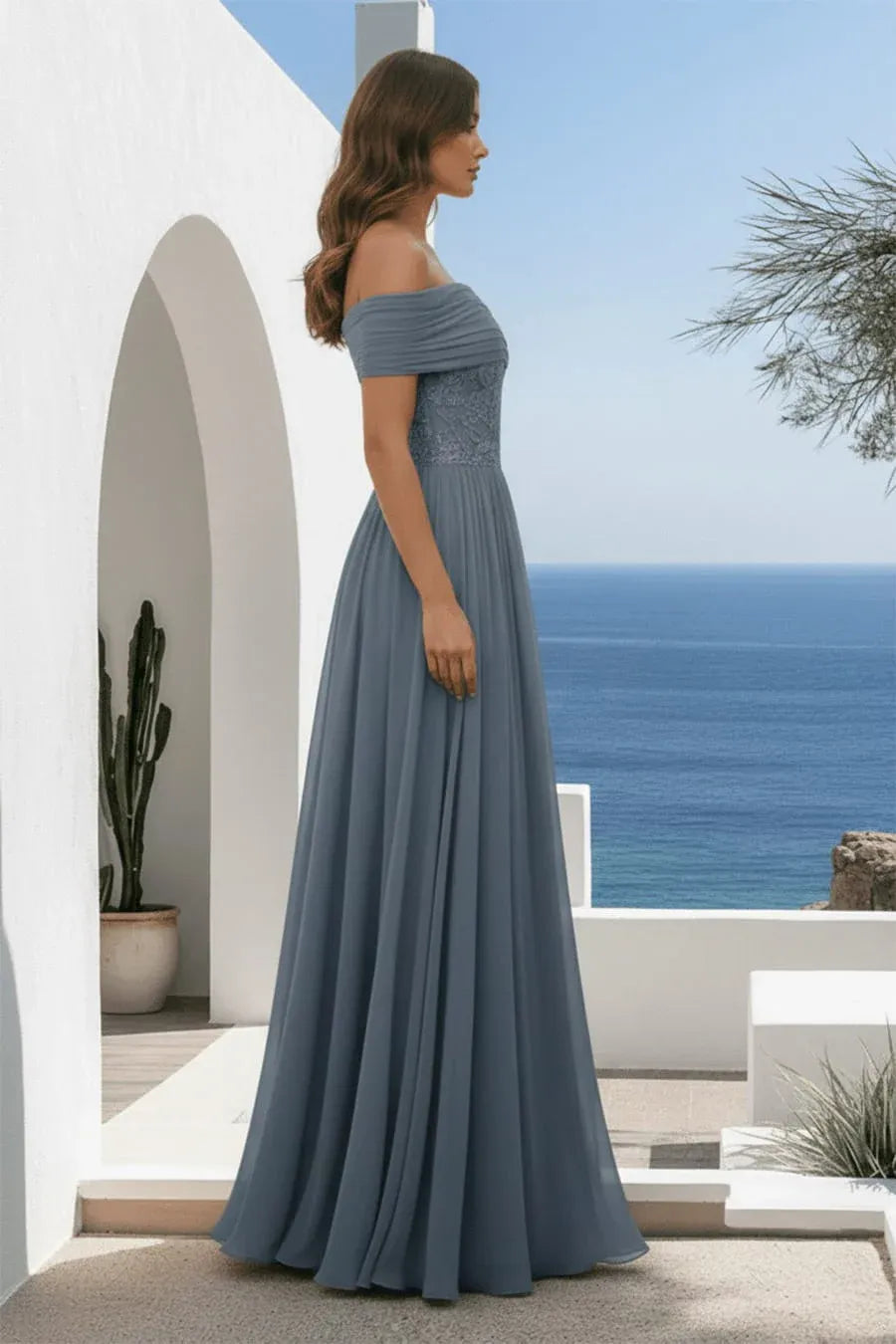 Elegant A Line Off Shoulder Chiffon Maxi Lace Evening Dress