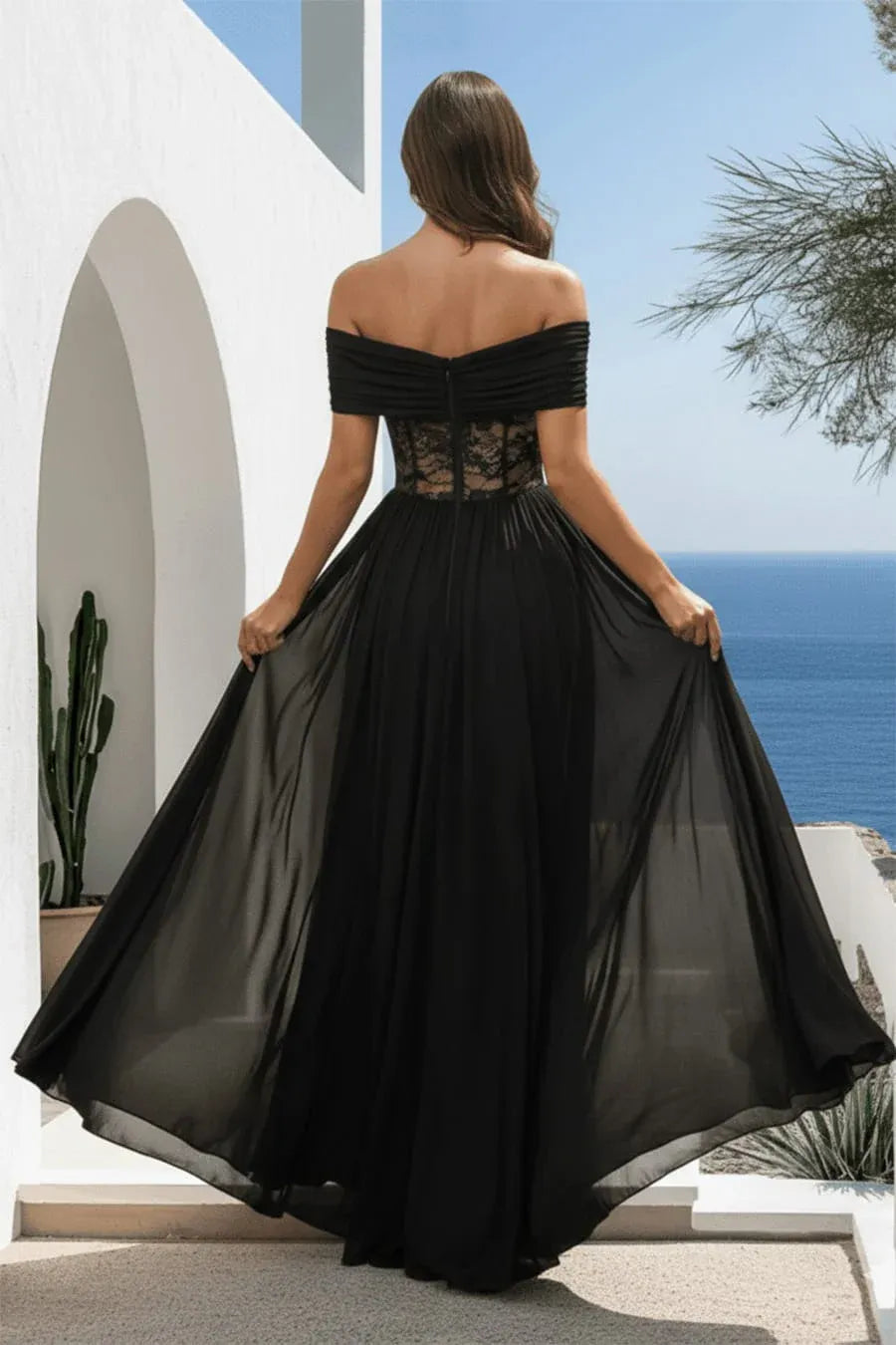 Elegant A Line Off Shoulder Chiffon Maxi Lace Evening Dress